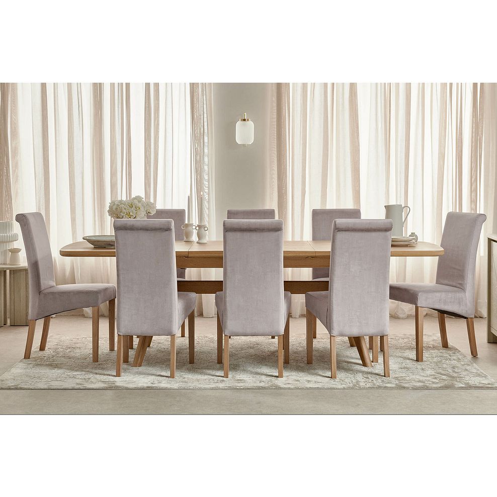 Bentley Natural Oak Extending Dining Table + 8 Scroll Back Chairs in Heritage Mink Velvet with Oak Legs 1