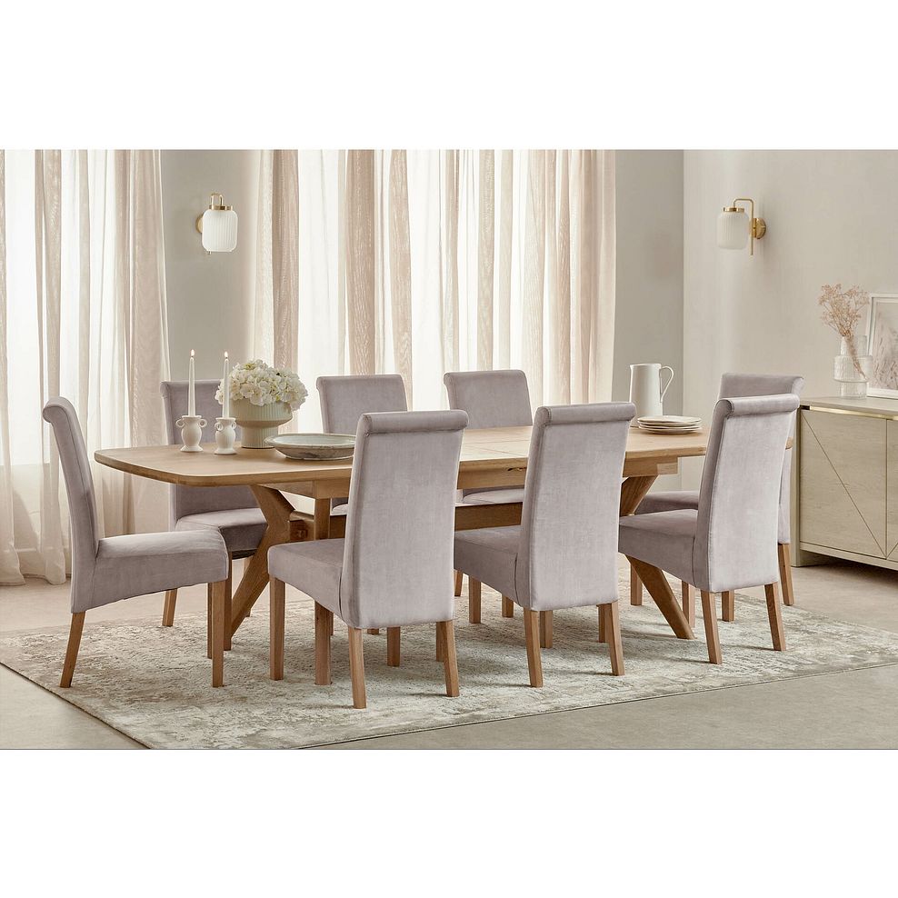 Bentley Natural Oak Extending Dining Table + 8 Scroll Back Chairs in Heritage Mink Velvet with Oak Legs 2