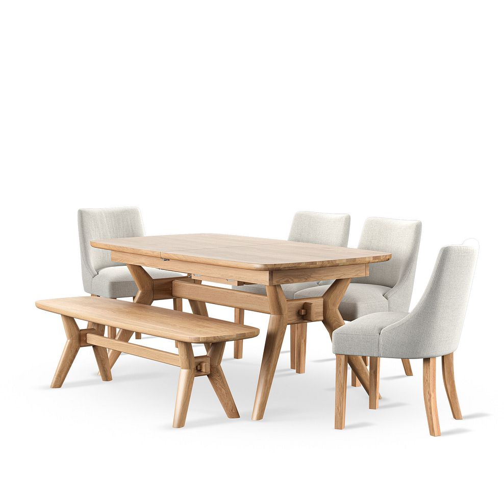 Bentley Natural Solid Oak Extending Dining Table with 4 Zola Chairs in Stone and 1 Bentley Bench 1