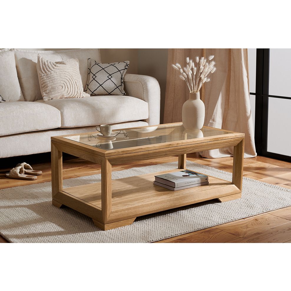 Bevel Natural Solid Oak Glass Topped Coffee Table 1