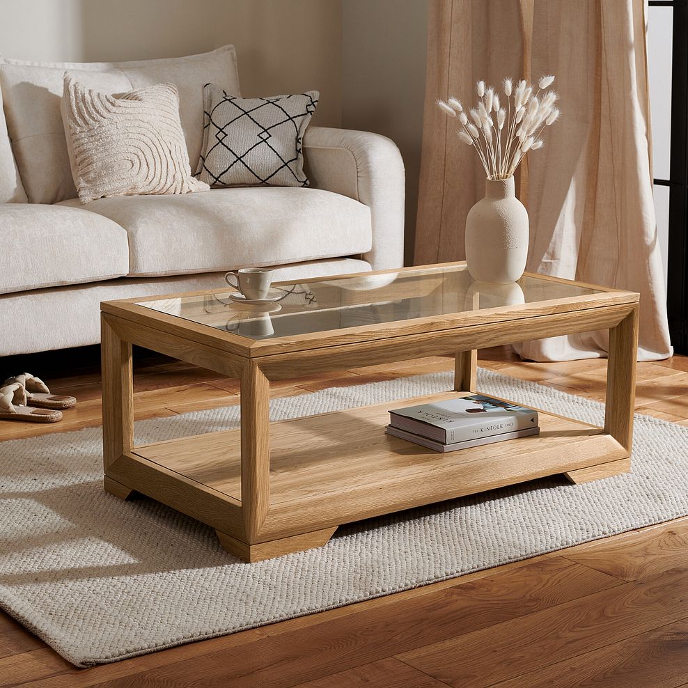 Bevel Natural Solid Oak Glass Topped Coffee Table 1
