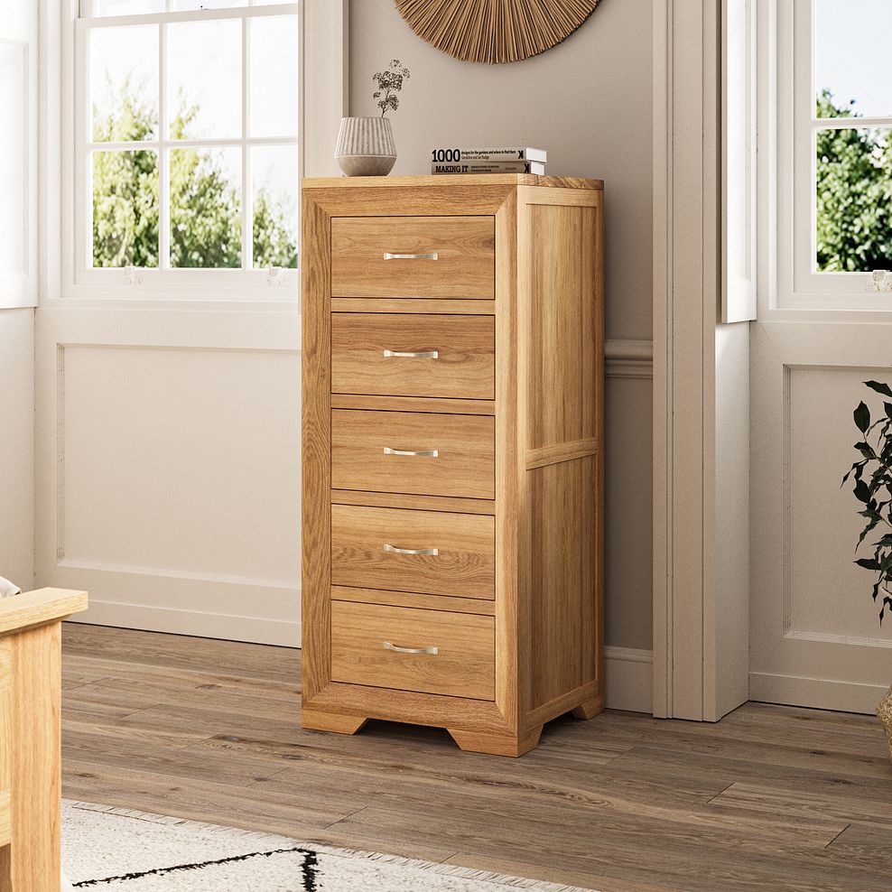 Bevel Natural Solid Oak 5 Drawer Tallboy 2