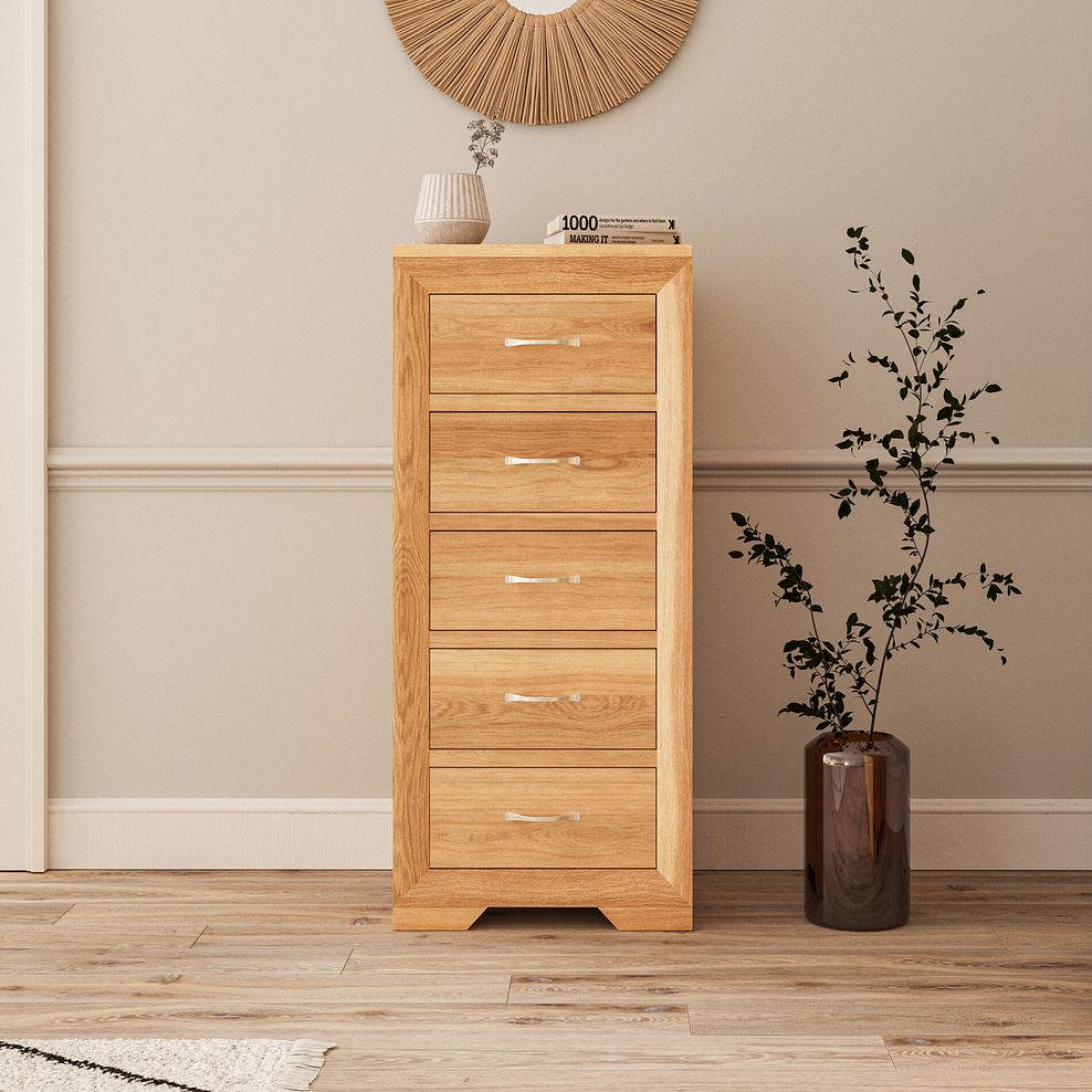 Bevel Natural Solid Oak 5 Drawer Tallboy 1