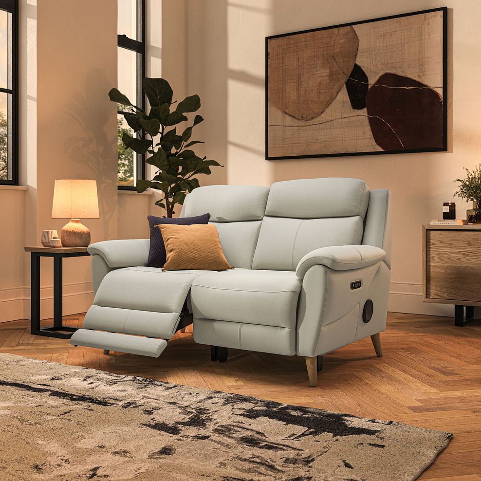 Brunel 2 Seater Recliner Sofa with Speakers in Bone China Leather 2