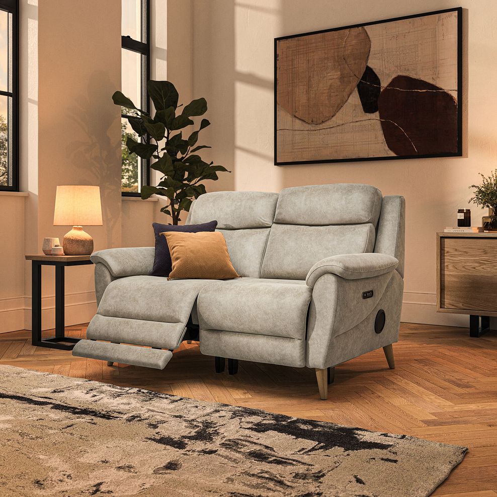 Brunel 2 Seater Recliner Sofa with Speakers in Marble Cream Fabric 2