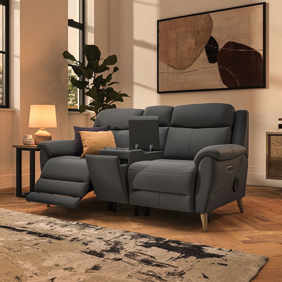 Brunel 2.5 Seater Recliner Sofa, Smart Screen & Speakers in Elephant Grey Leather 2