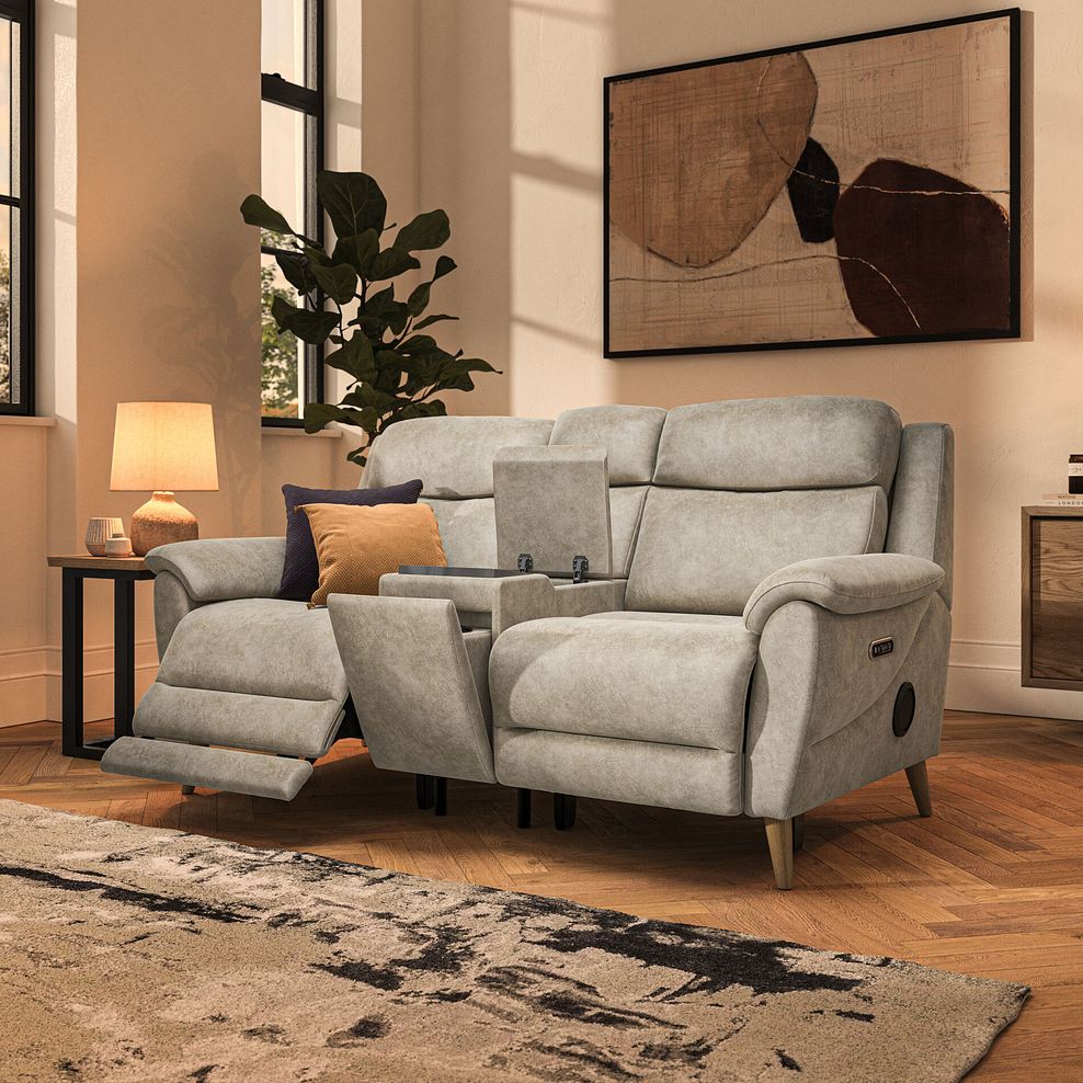 Brunel 2.5 Seater Recliner Sofa, Smart Screen & Speakers in Marble Cream Fabric 2