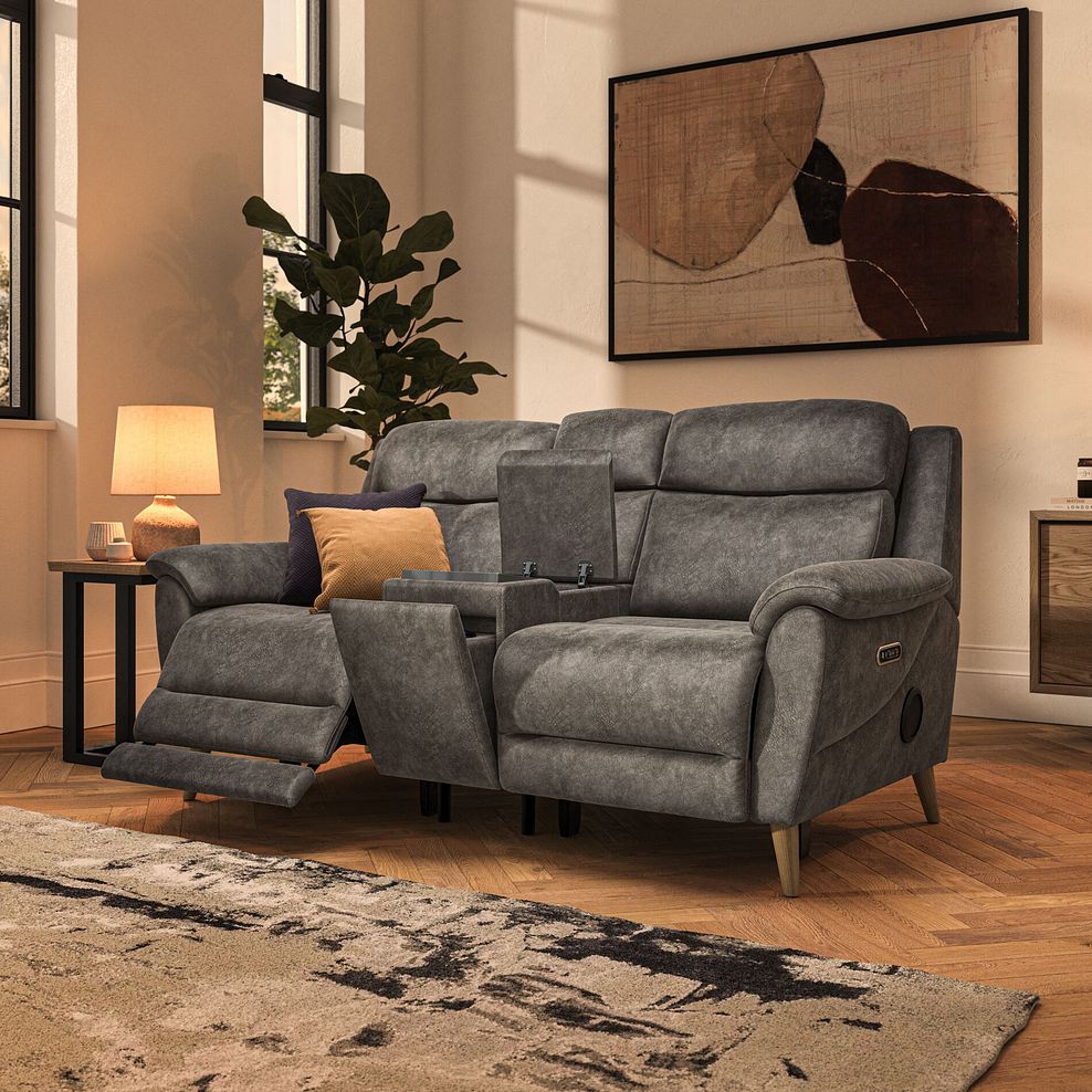 Brunel 2.5 Seater Recliner Sofa, Smart Screen & Speakers in Marble Mink Fabric 2