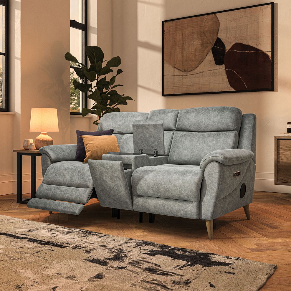 Brunel 2.5 Seater Recliner Sofa, Smart Screen & Speakers in Marble Silver Fabric 2