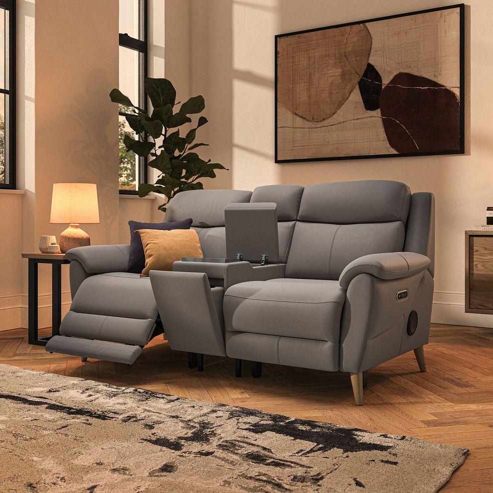 Brunel 2.5 Seater Recliner Sofa, Smart Screen & Speakers in Oyster Leather 2
