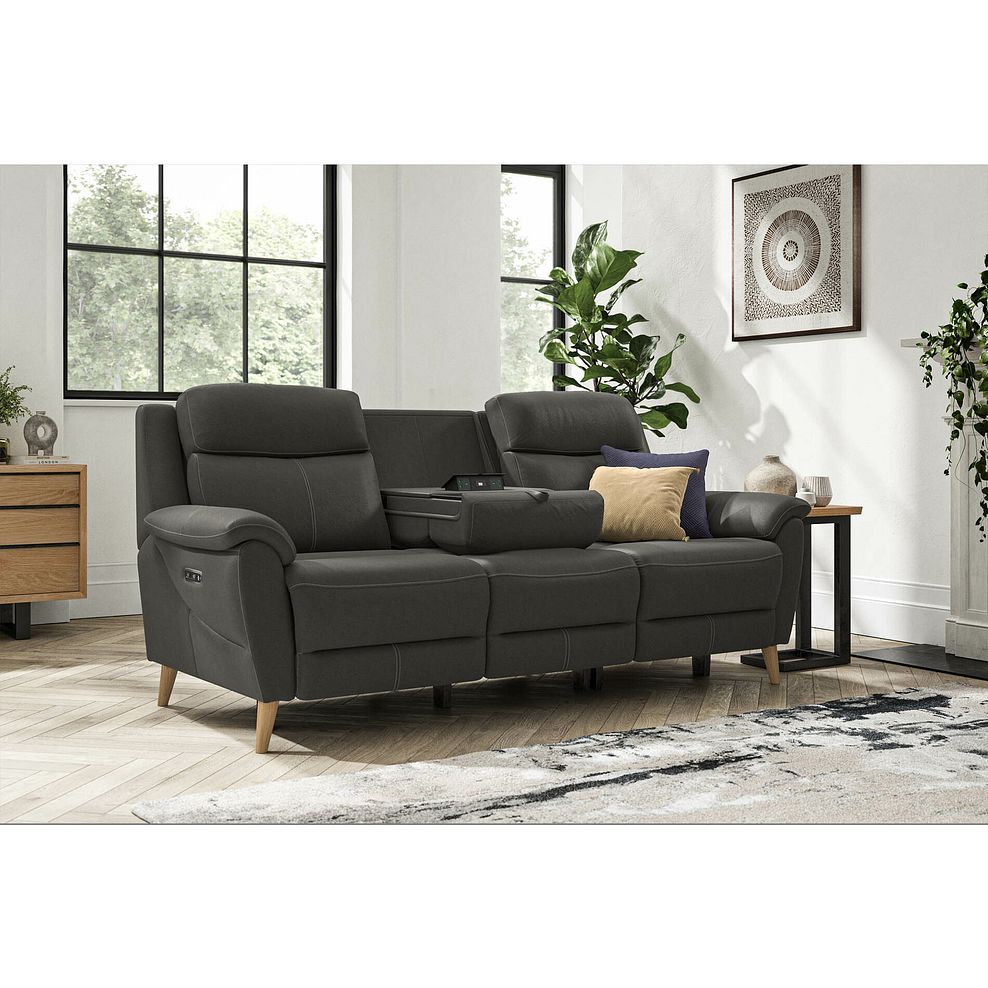 Brunel 3 Seater Electric Recliner Sofa with Multifunctional  Middle Seat in Storm Leather 2