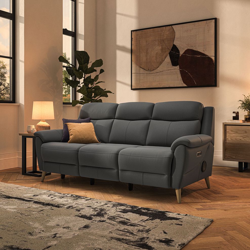 Brunel 3 Seater Recliner Sofa with Speakers in Elephant Grey Leather 1