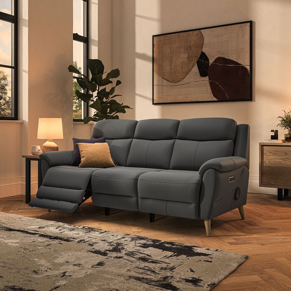 Brunel 3 Seater Recliner Sofa with Speakers in Elephant Grey Leather 2