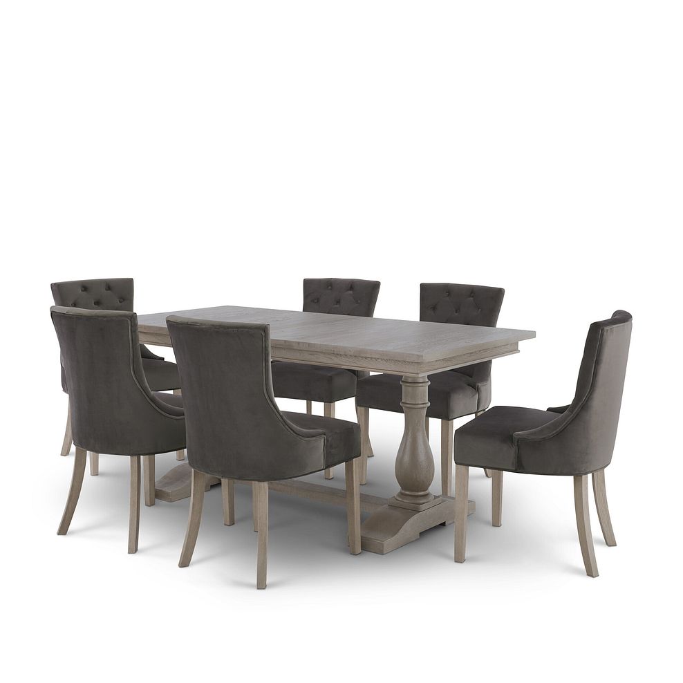 Burleigh 5ft11" Dining Table and 6 Isobel Chairs in Storm Grey Velvet with Weathered Oak Legs Thumbnail 1