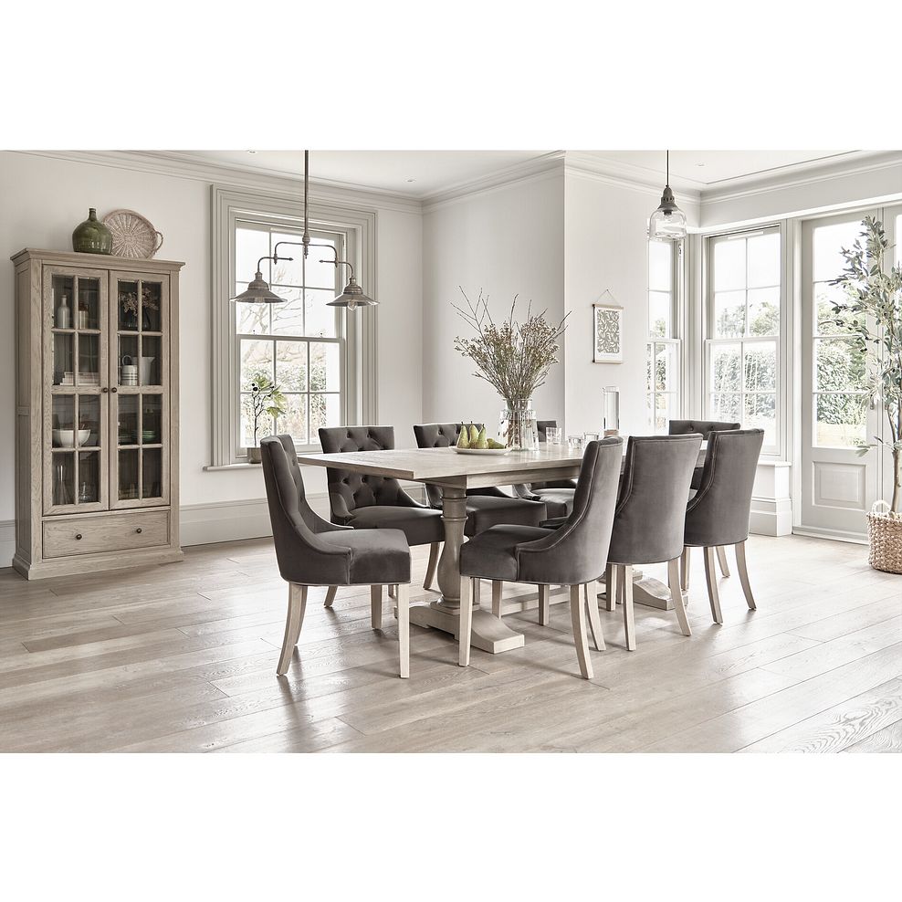 Burleigh 5ft11" Dining Table and 6 Isobel Chairs in Storm Grey Velvet with Weathered Oak Legs 2