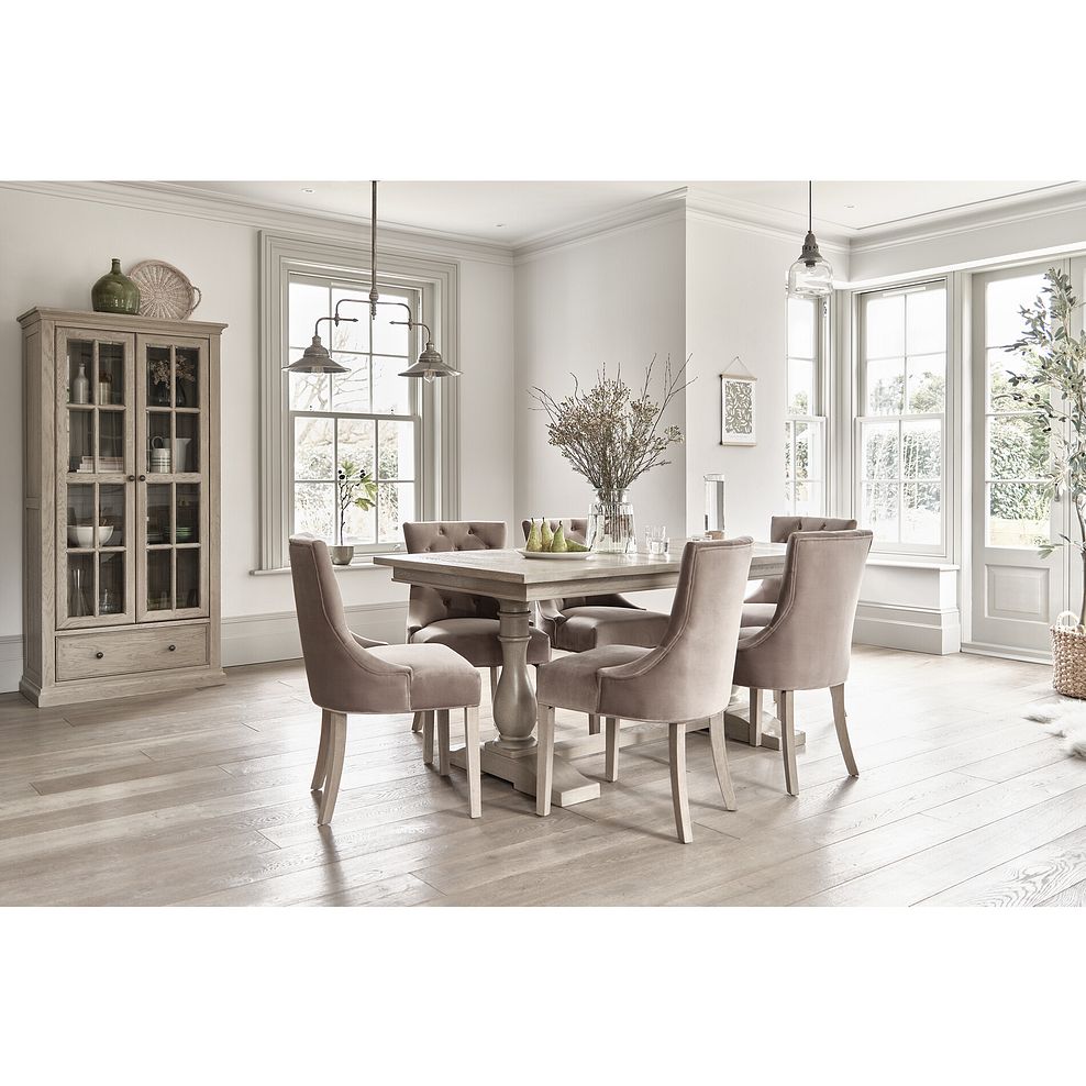 Burleigh 5ft11" Dining Table and 6 Isobel Chairs in Taupe Velvet with Weathered Oak Legs 1