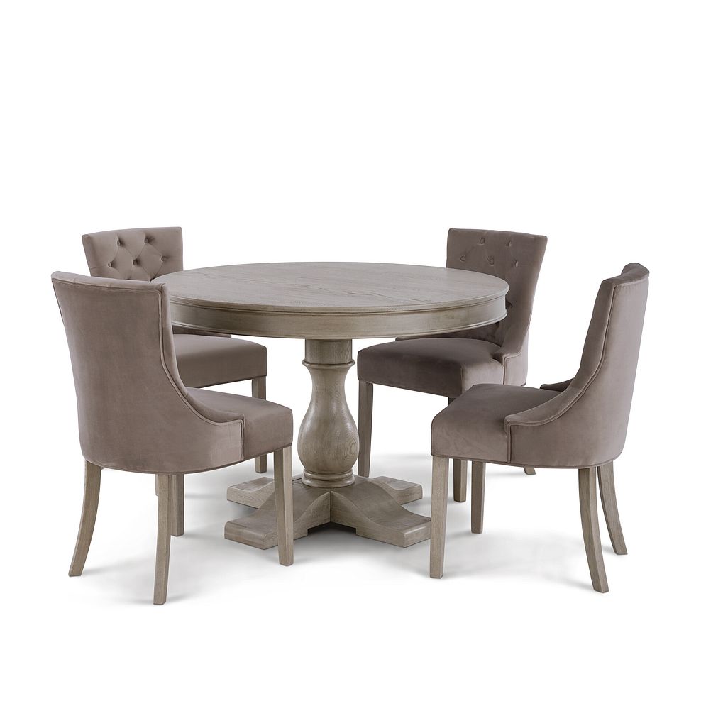 Burleigh 4ft Round Dining Table and 4 Isobel Chairs in Taupe Velvet with Weathered Oak Legs 2