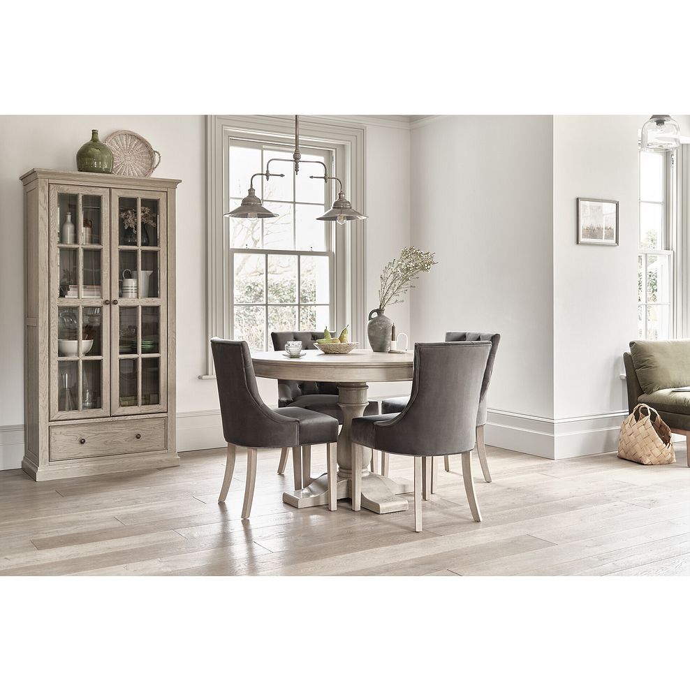 Burleigh 4ft Round Dining Table and 4 Isobel Chairs in Storm Grey Velvet with Weathered Oak Legs 1