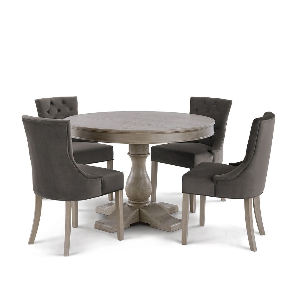 Burleigh 4ft Round Dining Table and 4 Isobel Chairs in Storm Grey Velvet with Weathered Oak Legs 2