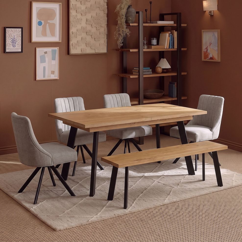 Cambridge Natural Solid Oak Rectangle Dining Table with 1 Cam Bench and 4 Mia Chairs in Champagne Fabric 1