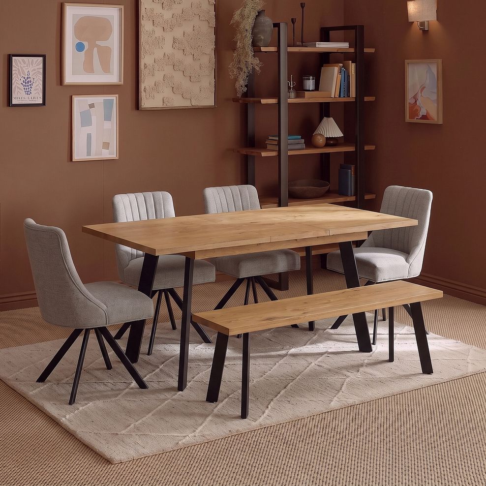Cambridge Natural Solid Oak Rectangle Dining Table with 1 Cam Bench and 4 Mia Chairs in Champagne Fabric 2