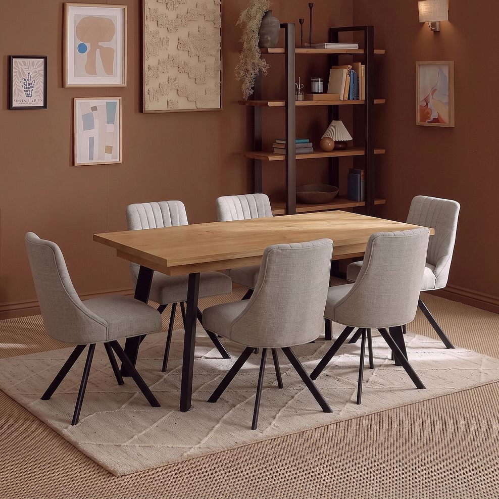 Cambridge Natural Solid Oak Rectangle Dining Table with 6 Mia Chairs in Champagne Fabric 1