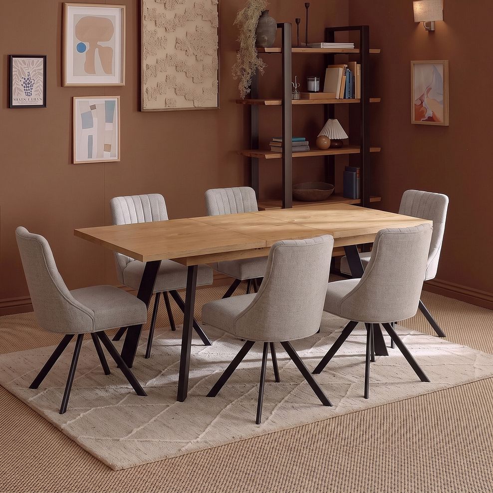 Cambridge Natural Solid Oak Rectangle Dining Table with 6 Mia Chairs in Champagne Fabric 2