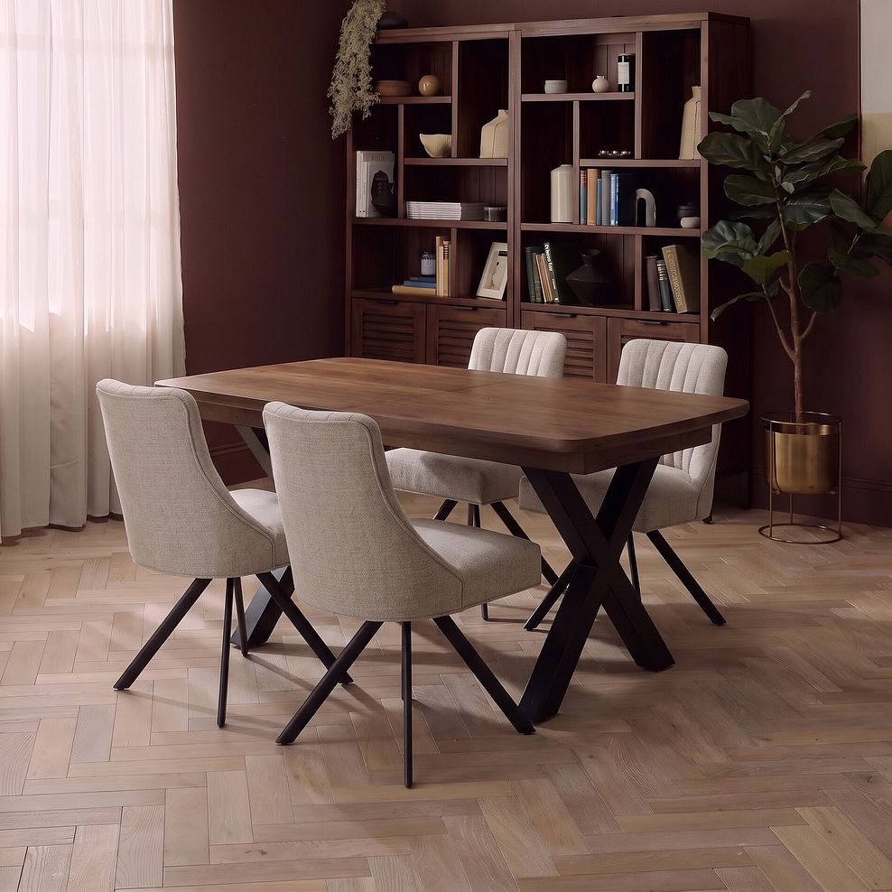 Camford Walnut Stained Solid Oak Boat Dining Table with 4 Mia Chairs in Champagne Fabric 1