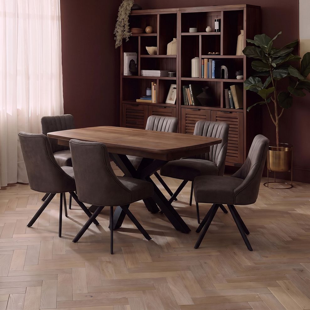 Camford Walnut Stained Solid Oak Boat Dining Table with 6 Mia Chairs in Cedar Fabric 1