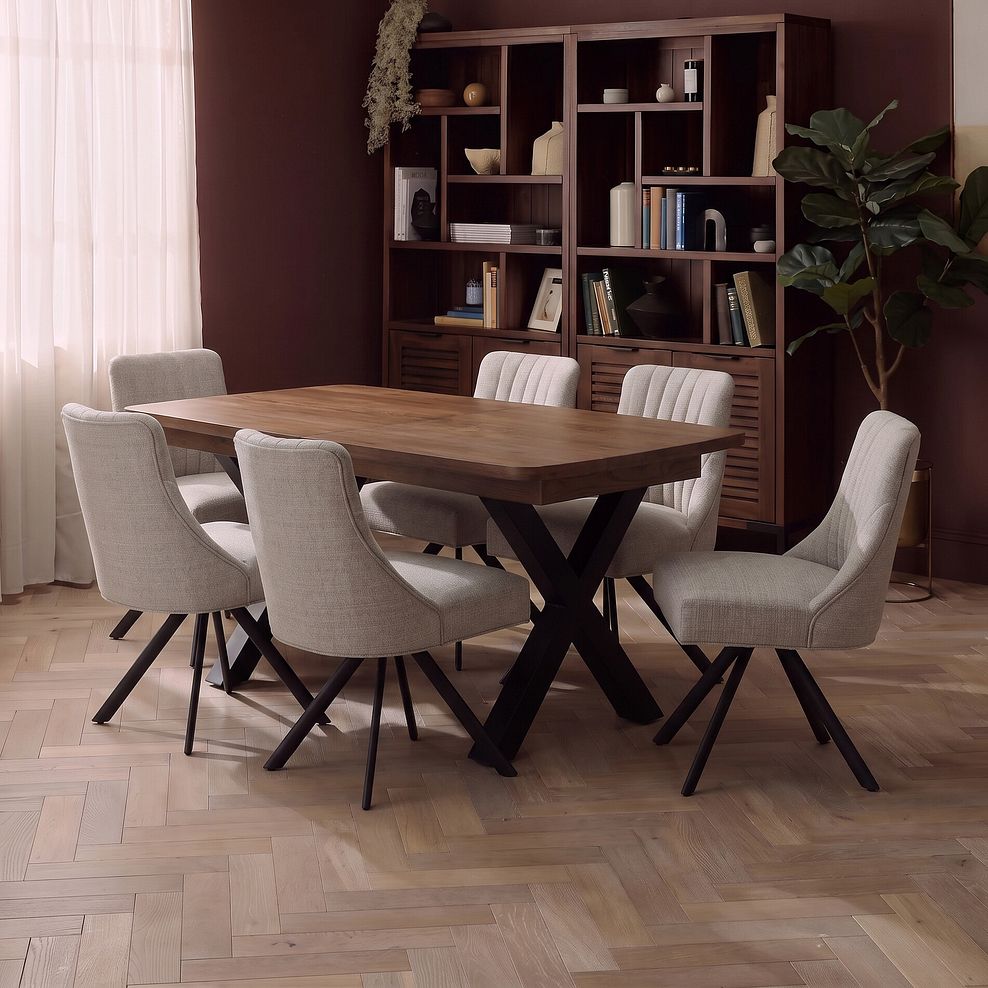 Camford Walnut Stained Solid Oak Boat Dining Table with 6 Mia Chairs in Champagne Fabric 1