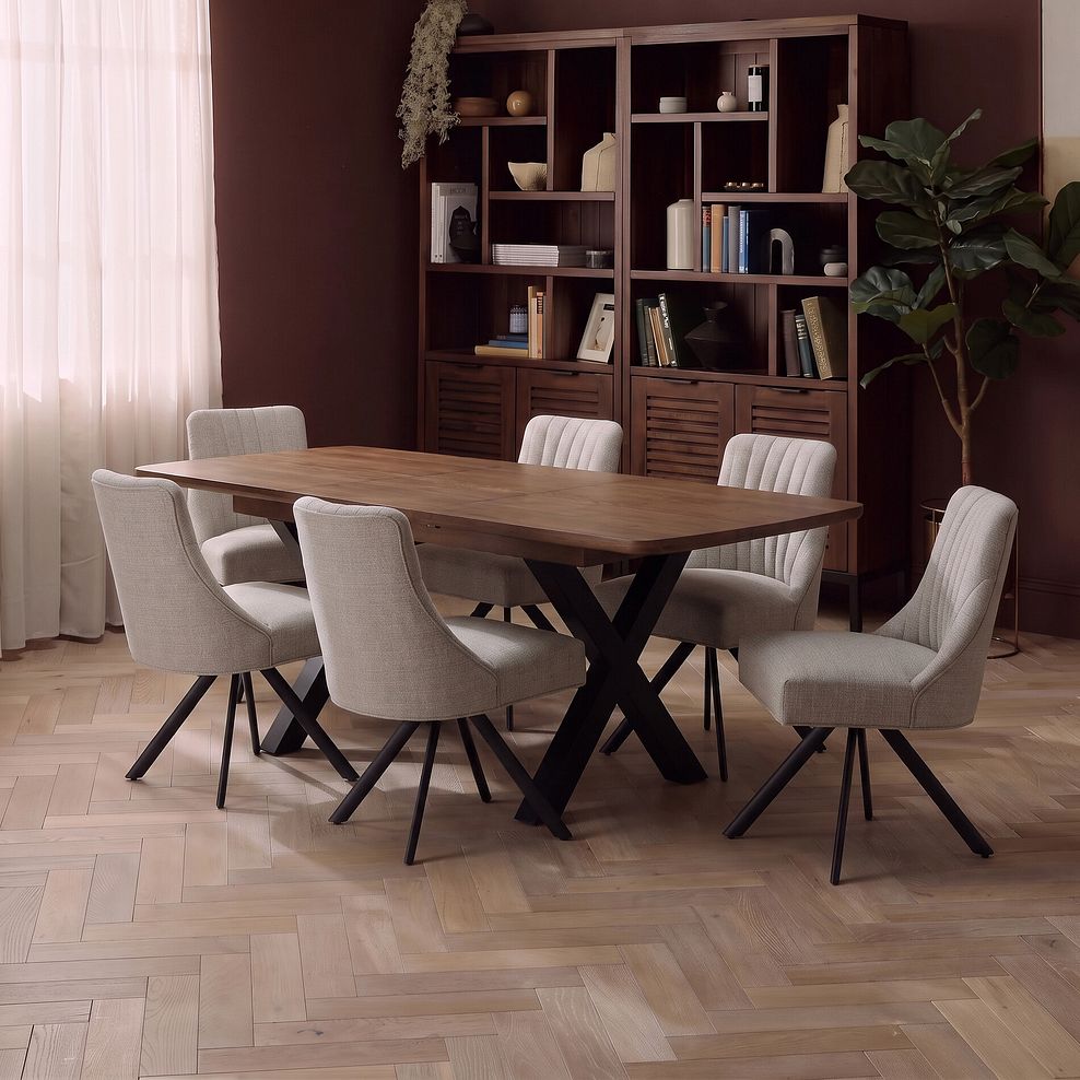 Camford Walnut Stained Solid Oak Boat Dining Table with 6 Mia Chairs in Champagne Fabric 2