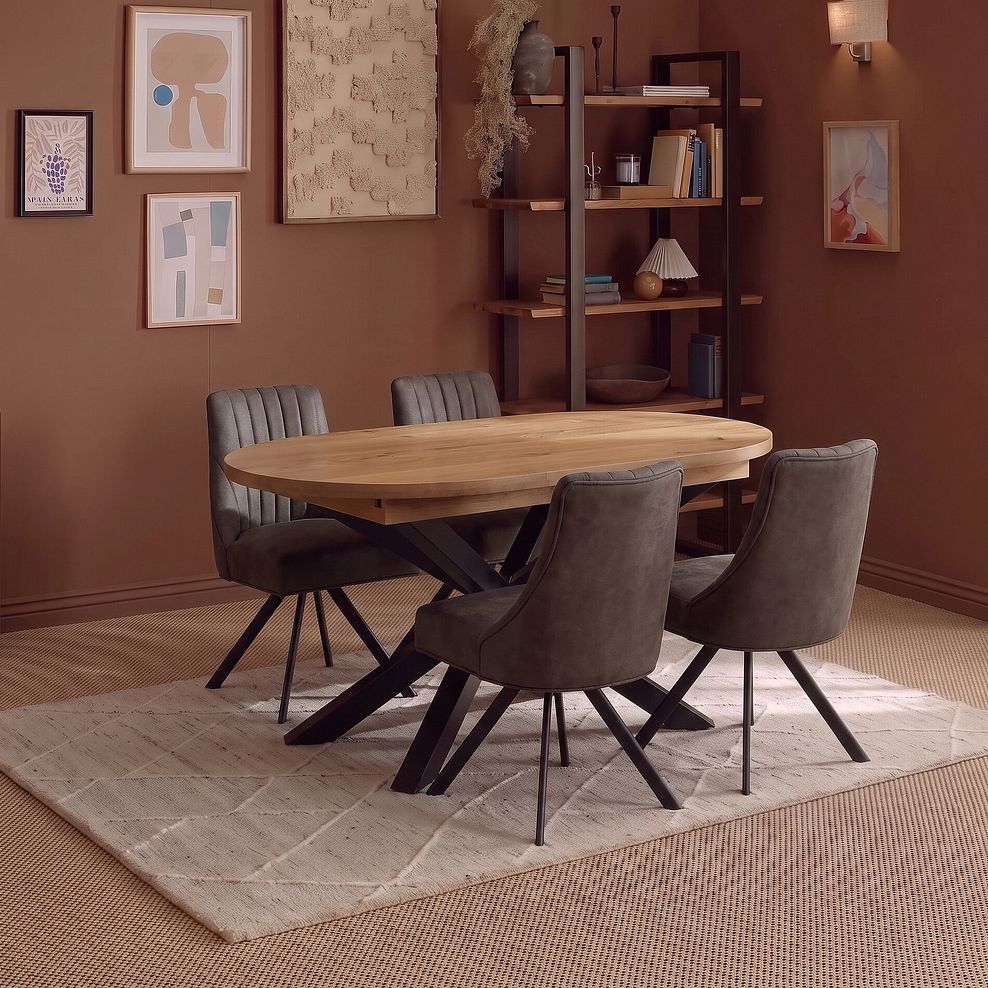 Cami Natural Solid Oak Oval Dining Table with 4 Mia Chairs in Cedar Fabric 1