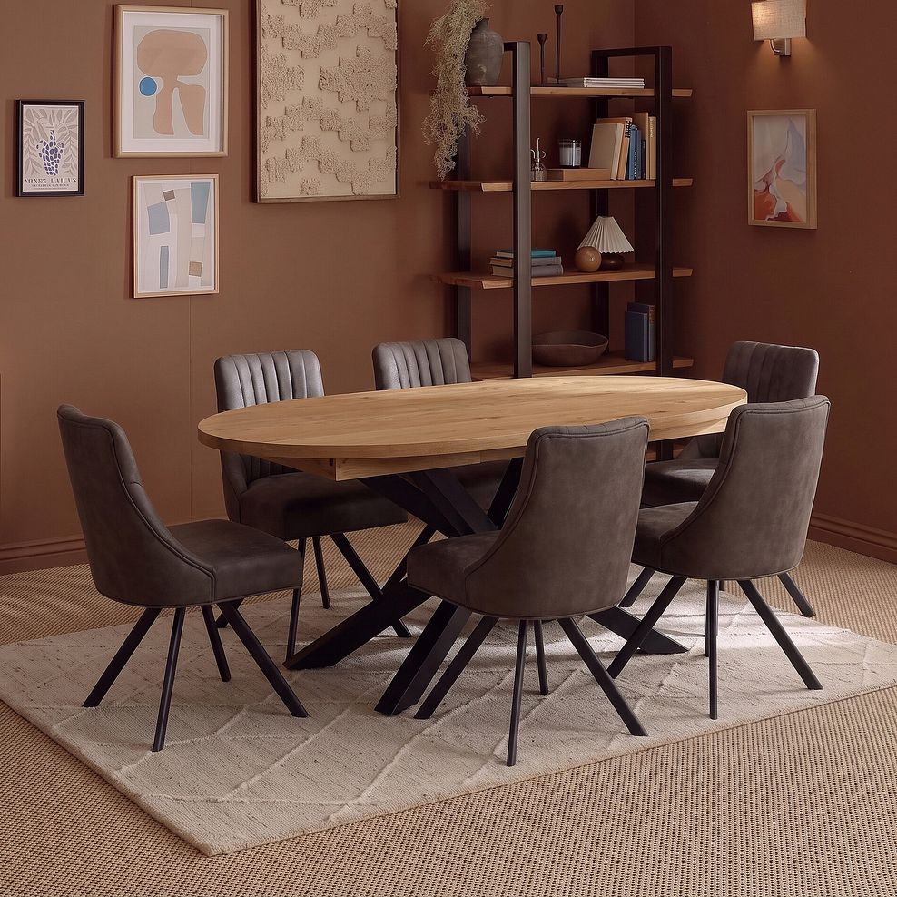 Cami Natural Solid Oak Oval Dining Table with 6 Mia Chairs in Cedar Fabric 1