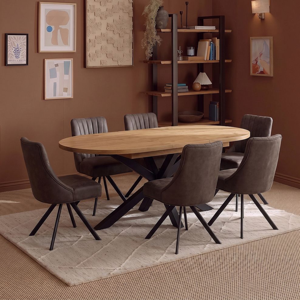 Cami Natural Solid Oak Oval Dining Table with 6 Mia Chairs in Cedar Fabric 2