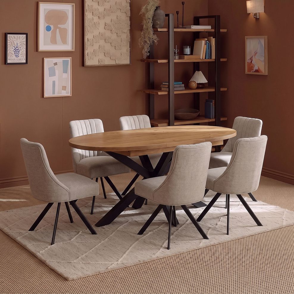 Cami Natural Solid Oak Oval Dining Table with 6 Mia Chairs in Champagne Fabric 1