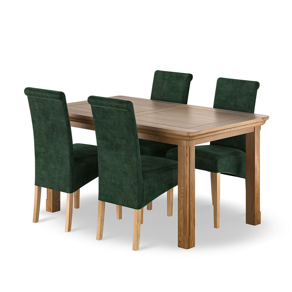 Canterbury Natural Oak Extending Dining Table + 4 Scroll Back Chairs in Heritage Bottle Green Velvet with Oak Legs 1