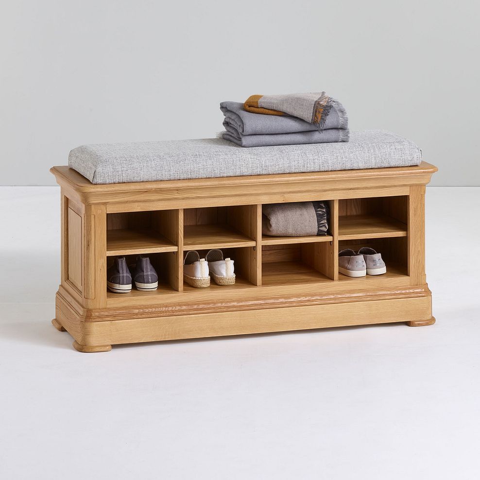 Canterbury Natural Solid Oak Shoe Storage Bench with Plain Grey Fabric Hallway Pad 3