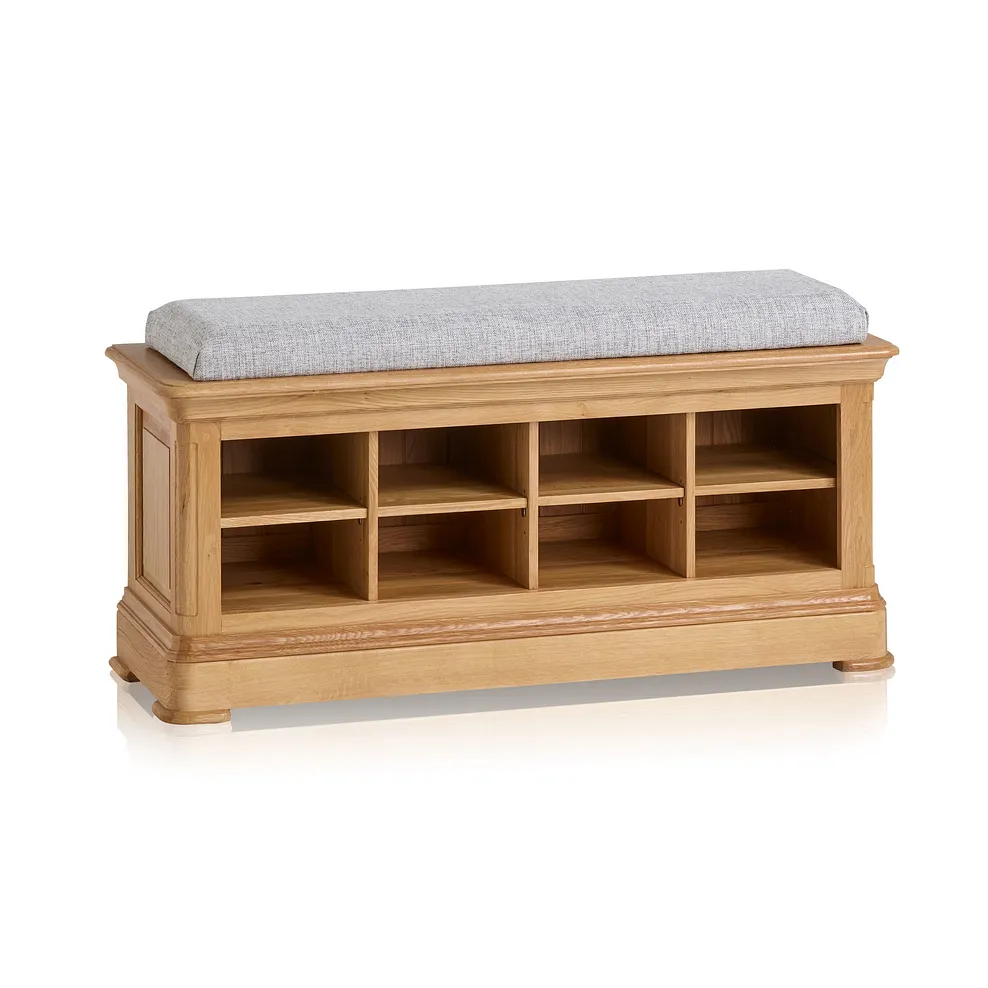 Canterbury Natural Solid Oak Shoe Storage Bench with Plain Grey Fabric Hallway Pad 1