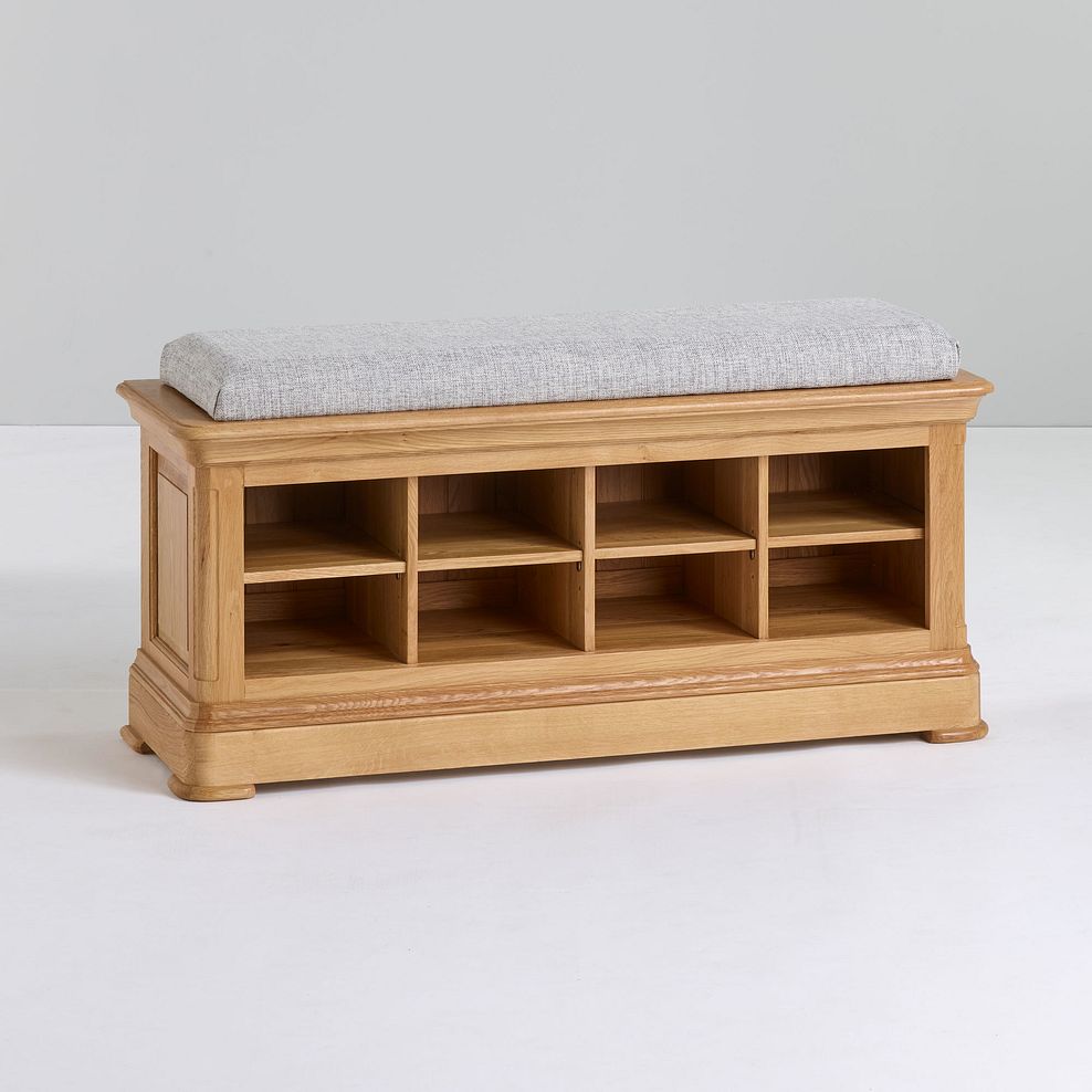 Canterbury Natural Solid Oak Shoe Storage Bench with Plain Grey Fabric Hallway Pad 2