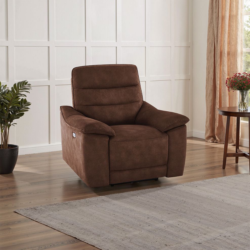 Carter Electric Recliner Armchair in Ranch Dark Brown Fabric 1