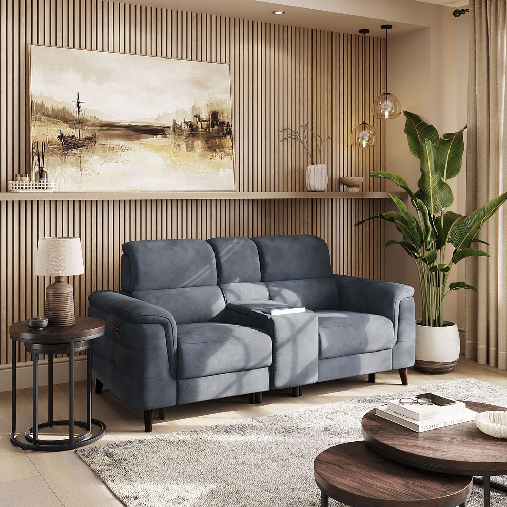 Cassius 2 Seater Power Recliner Console Sofa with Smart Screen and Speakers in Dexter Shadow Fabric 1