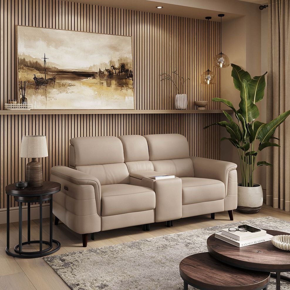 Cassius 2 Seater Power Recliner Console Sofa with Smart Screen and Speakers in Mushroom Leather 1