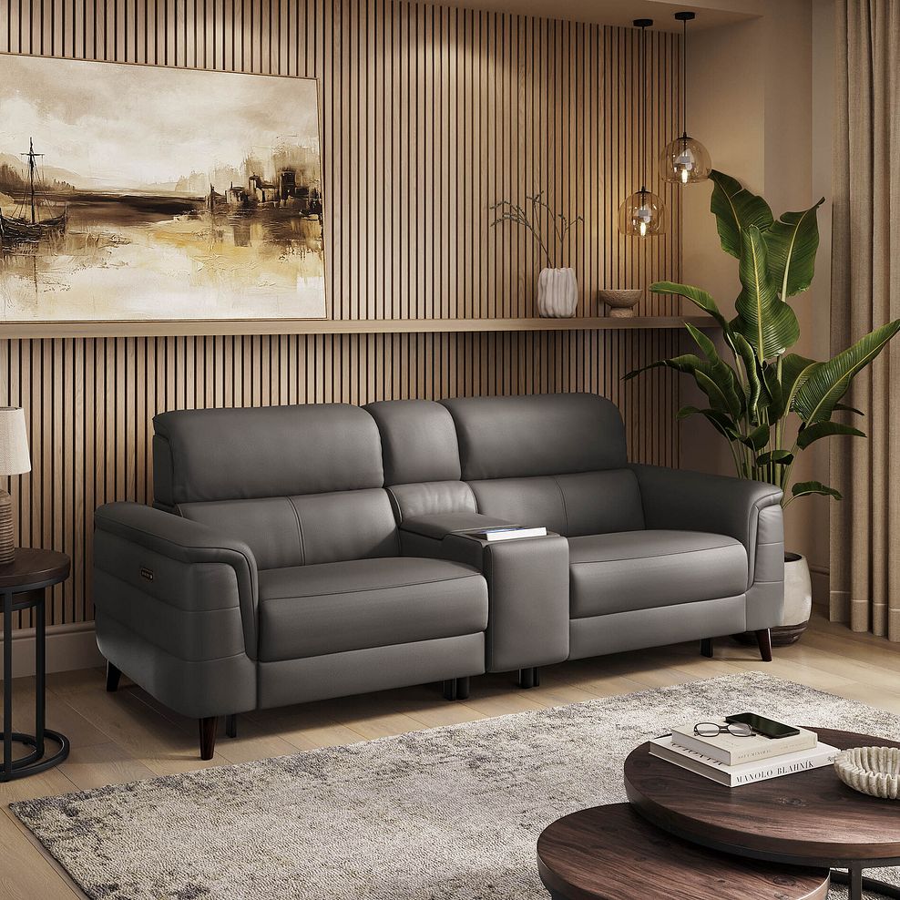 Cassius 2.5 Seater Power Recliner Console Sofa with Smart Screen and Speakers in Elephant Grey Leather 1