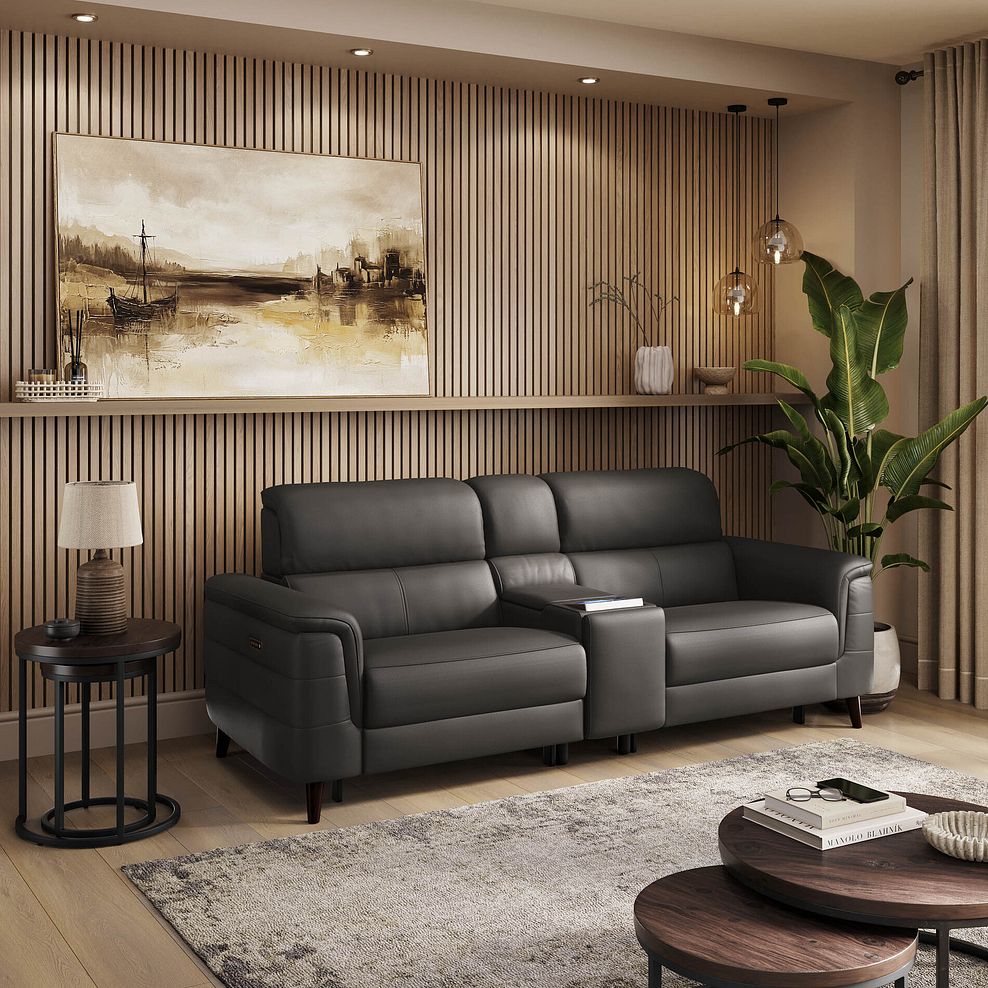 Cassius 2.5 Seater Power Recliner Console Sofa with Smart Screen and Speakers in Storm Leather 1