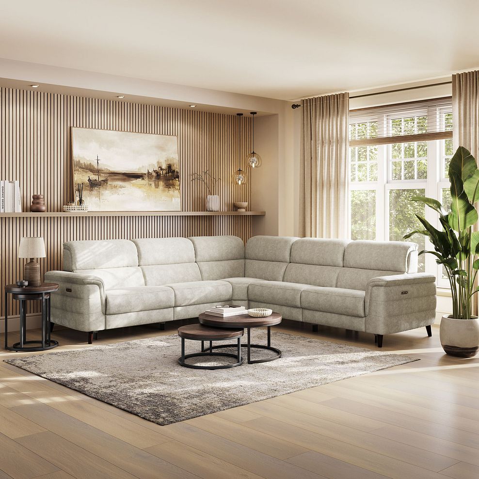 Cassius Large Corner Electric Recliner Sofa with Adjustable Power Headrests in Marble Cream Fabric 1