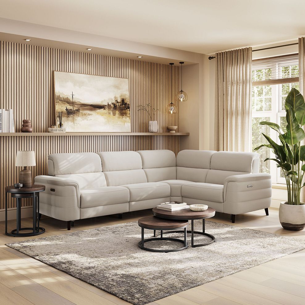 Cassius Left hand Corner Electric Recliner Sofa with Adjustable Power Headrests in Bella Barley White Fabric 1