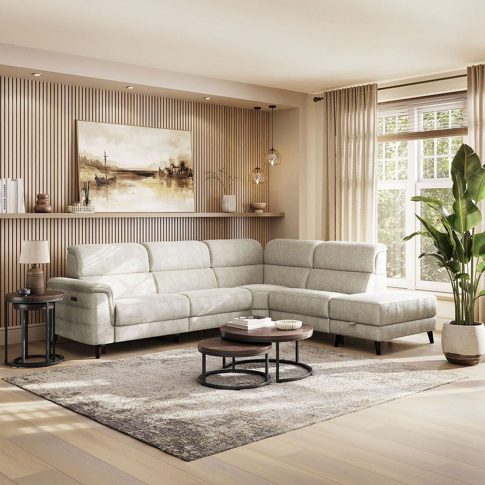 Cassius Left hand Corner Electric Recliner Sofa with Storage Chaise and Power Headrests in Marble Cream Fabric 1