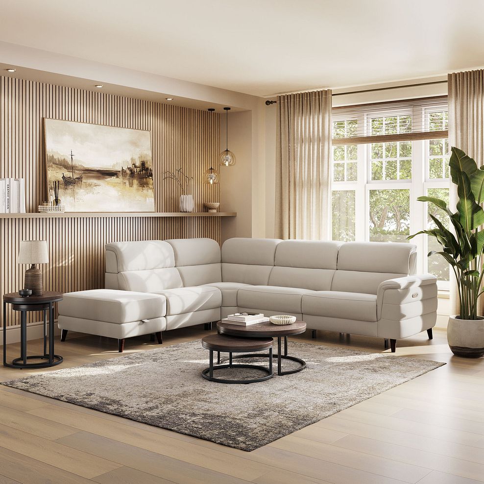 Cassius Right hand Corner Electric Recliner Sofa with Storage Chaise and Power Headrests in Bella Barley White Fabric 1