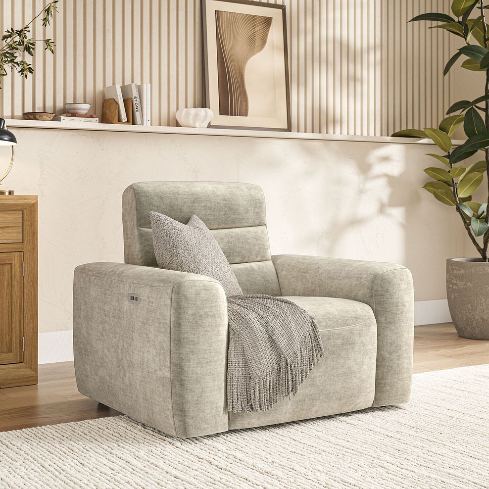 Cohen Electric Recliner Armchair in Plush Beige Fabric 1