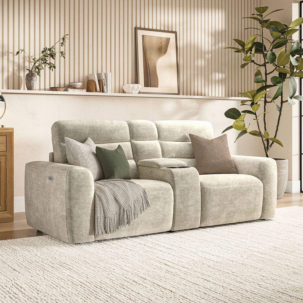 Cohen Group 8 Electric Recliner with 1 console in Plush Beige Fabric 1